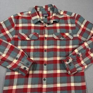 Patagonia Fjord MENS MEDIUM  Multicolor check red teal Flannel l/s FLAP POCKETS